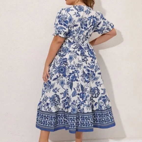 Plus Floral Print Puff Sleeve Midi Dress - Picture 4 of 9